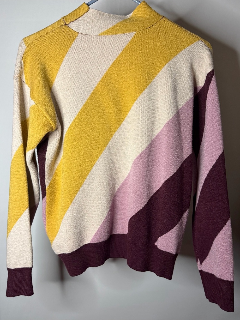 Mystree Diagonal Colorblock Crewneck Sweater - Yellow, Cream, Pink, Burgundy